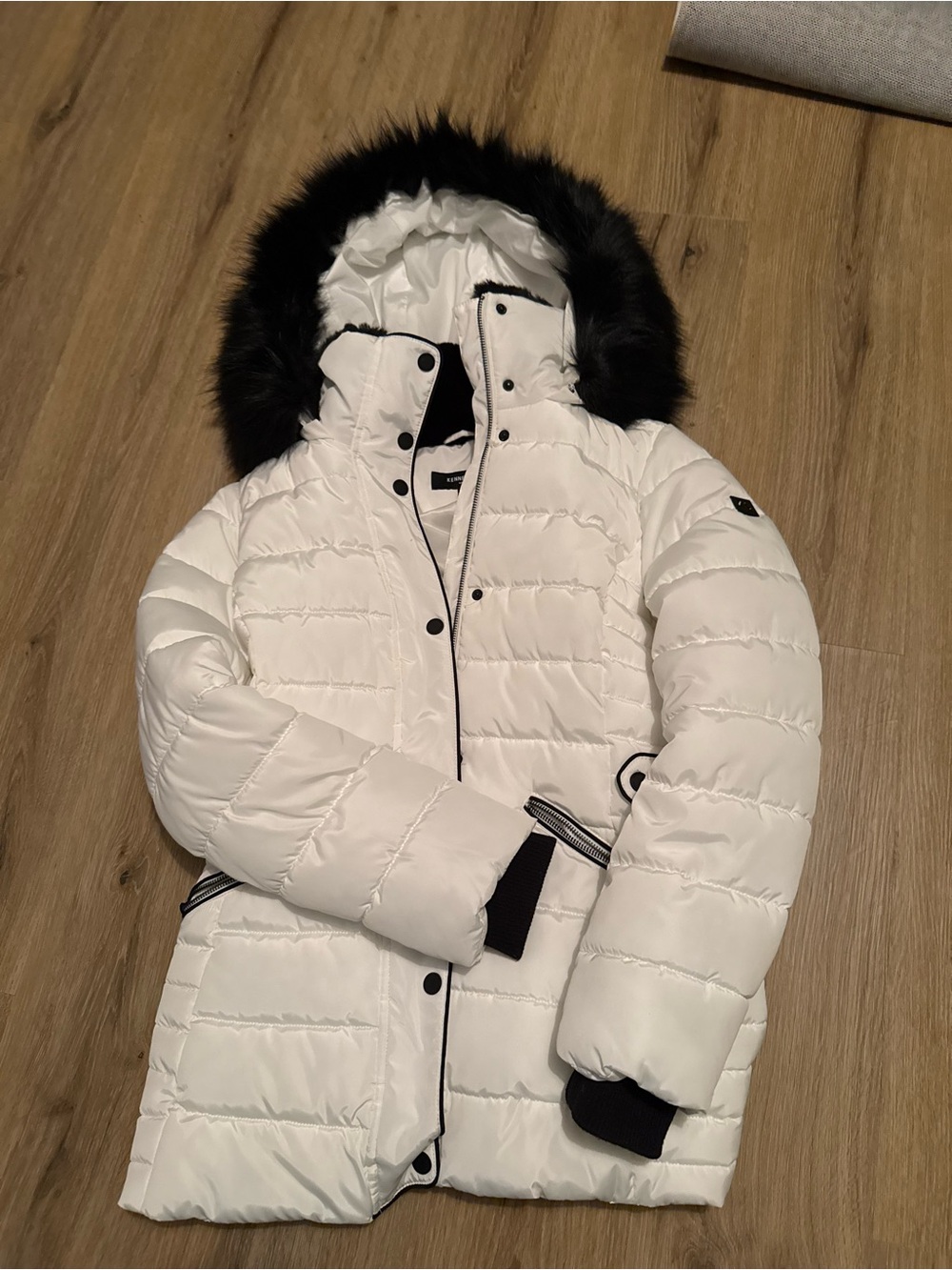 Kenneth Cole White Puffer Coat with Black Faux Fur Hood